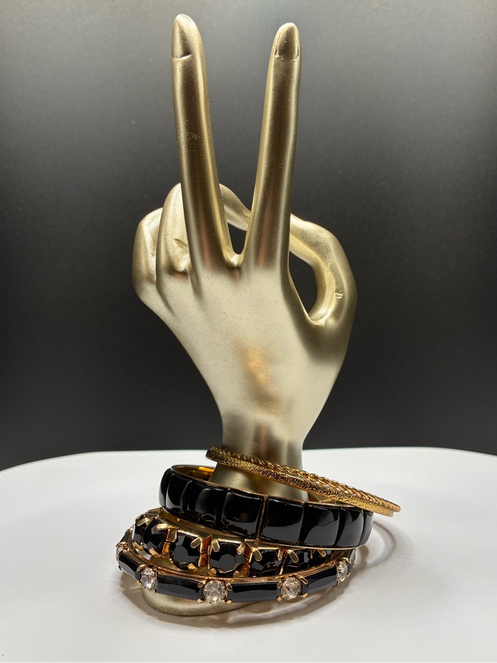 Vintage Mix Set of 5 Gold and Black Multi-Stack Bangle Bracelets W/1 Stretch